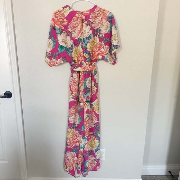 NWT Farm Rio Eulalie Floral Pink Jumpsuit Wide Leg Pockets V Neck Crop Sz XS - Picture 7 of 7